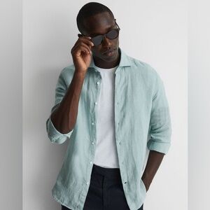 Reiss Long Sleeve Linen shirt in aquamarine blue